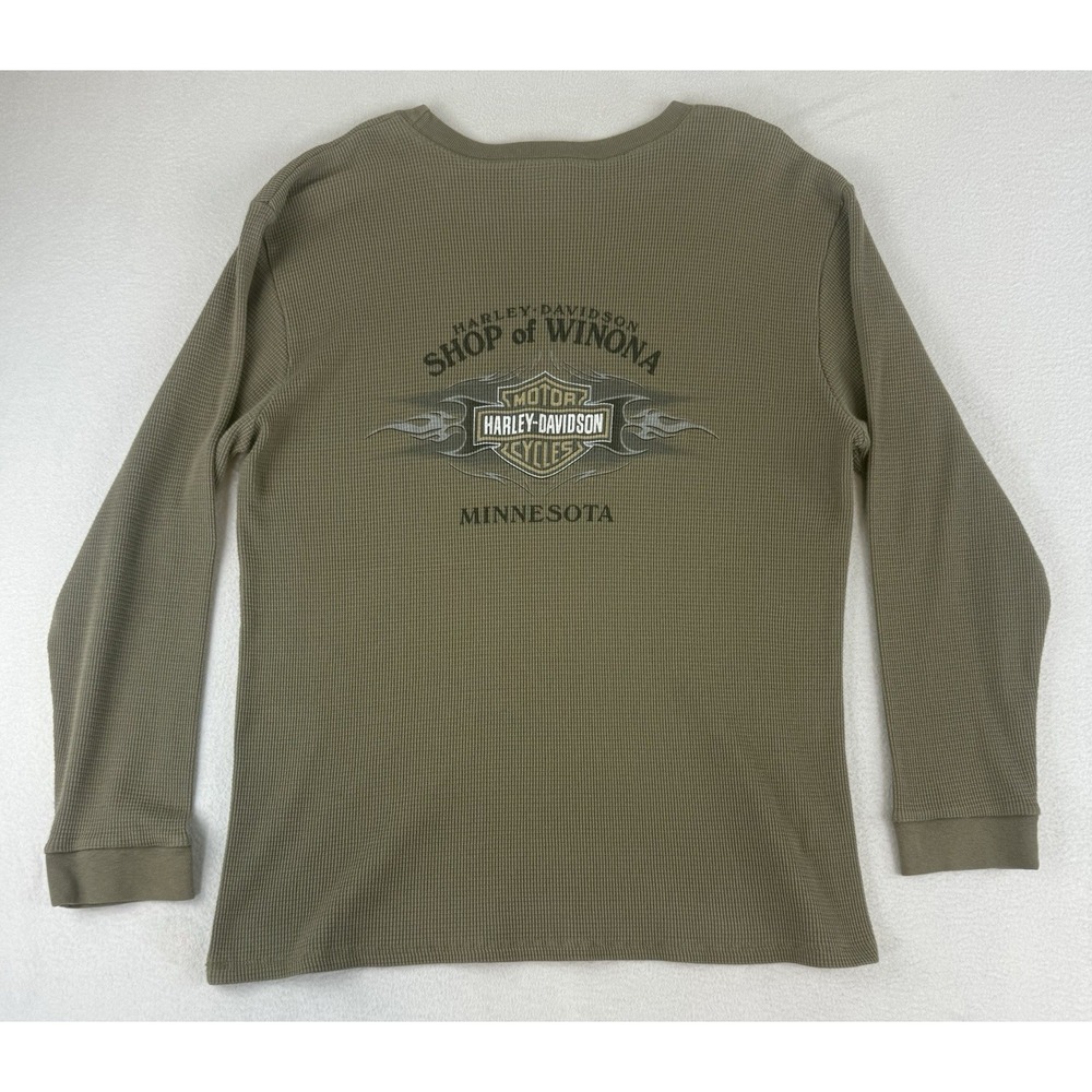 VTG Harley-Davidson Shirt Mens Large Waffle Knit Brown Thermal Winona Minnesota - Picture 7 of 8